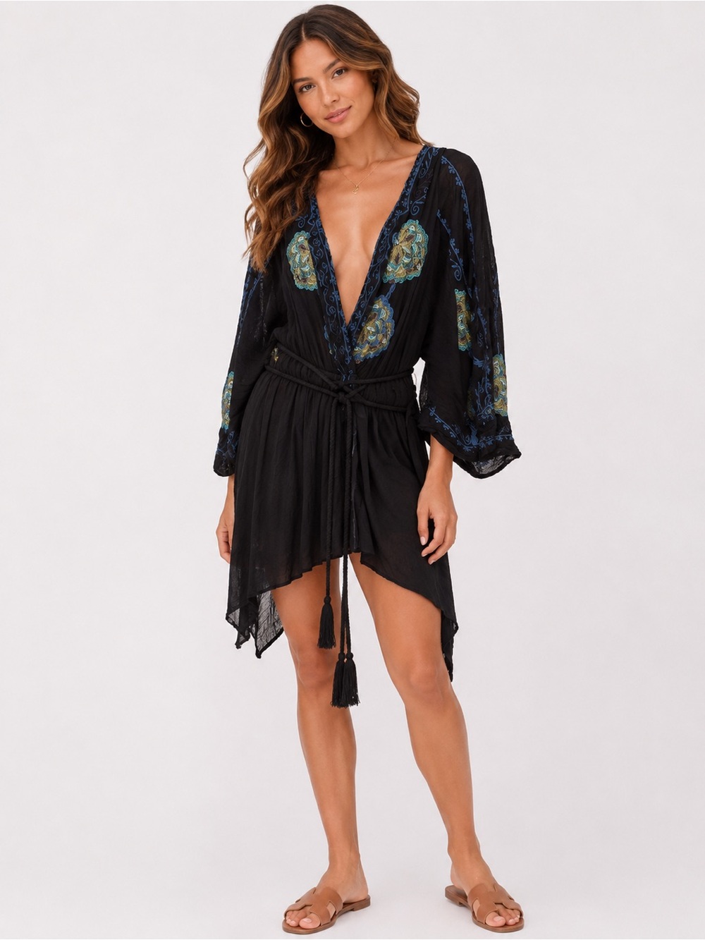 Free people Black Embroidered V-Neck Mini Dress